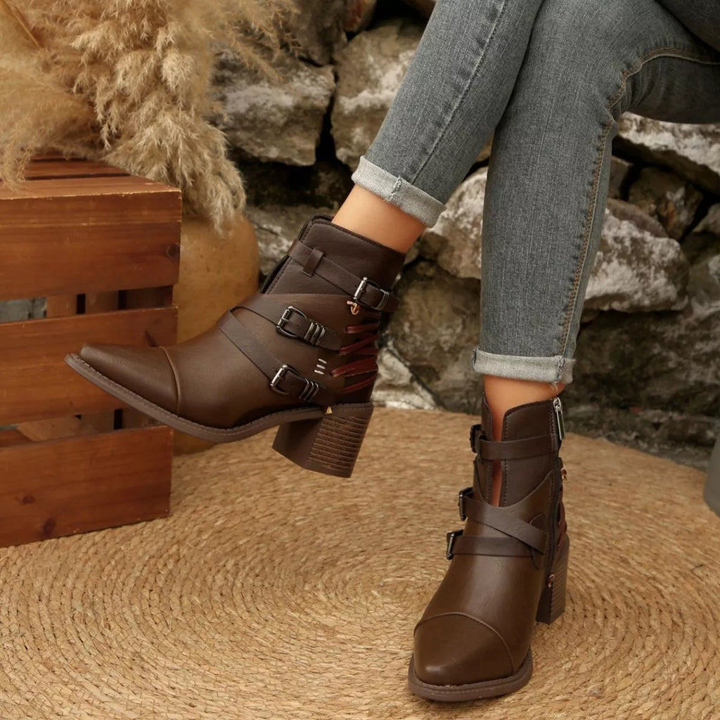 Point Toe Buckle Strap Ankle Boots with Block Heels
