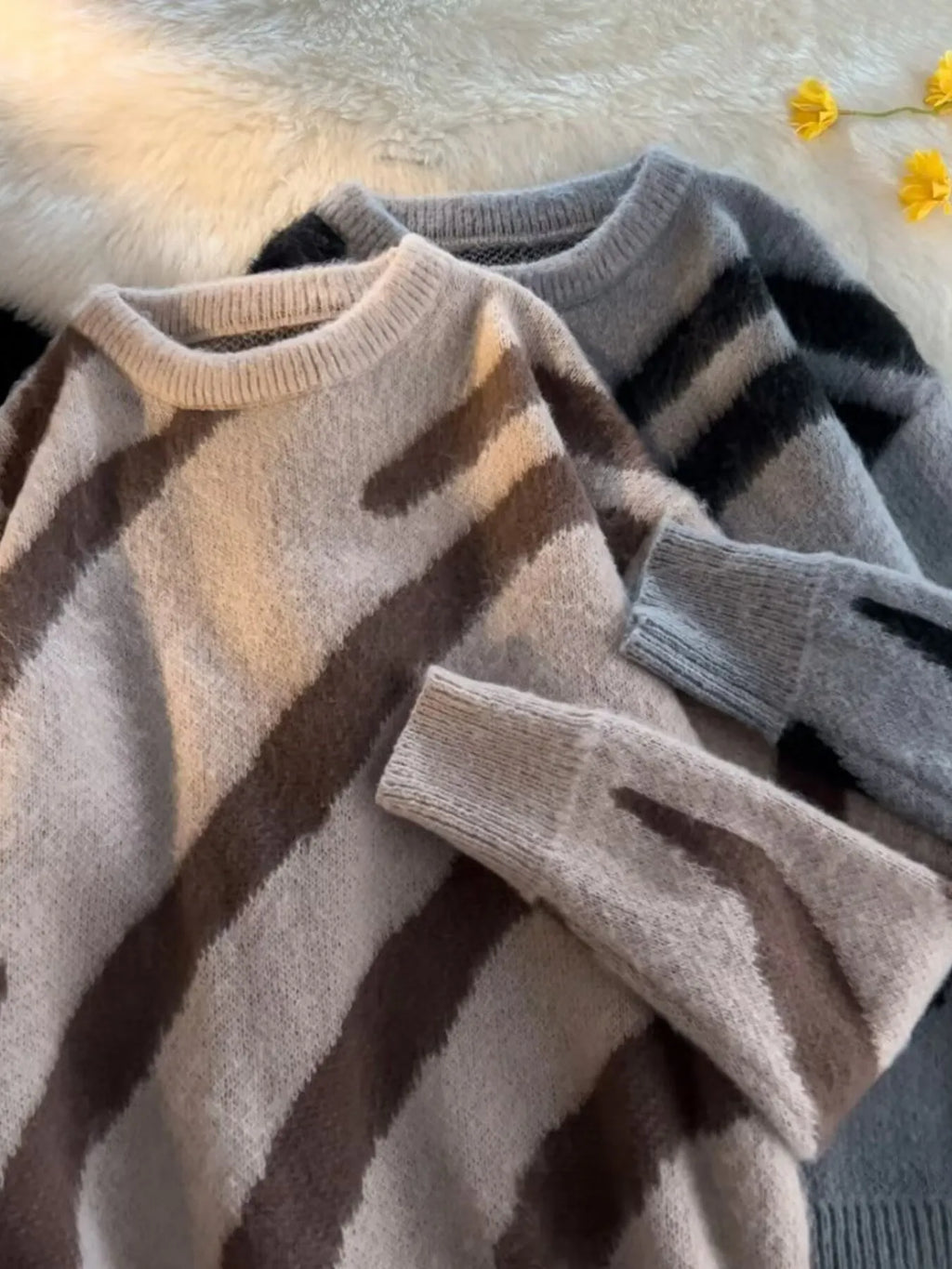 Men's Striped Fuzzy Knit Pullover Sweater