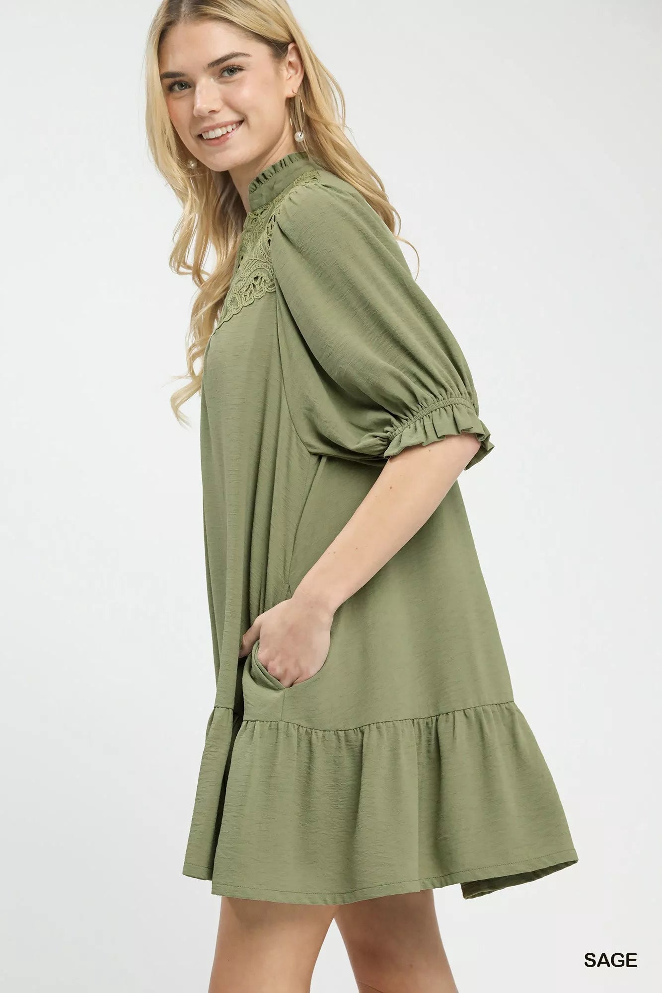 Umgee Lace Yoke Tiered Mini Dress