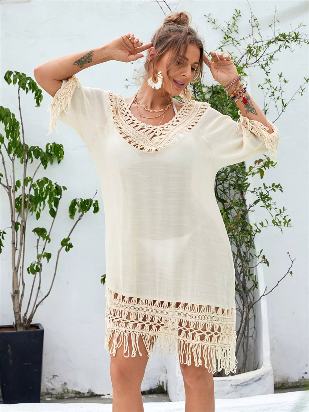 Fringe Crochet V-Neck Cover-Up Dress