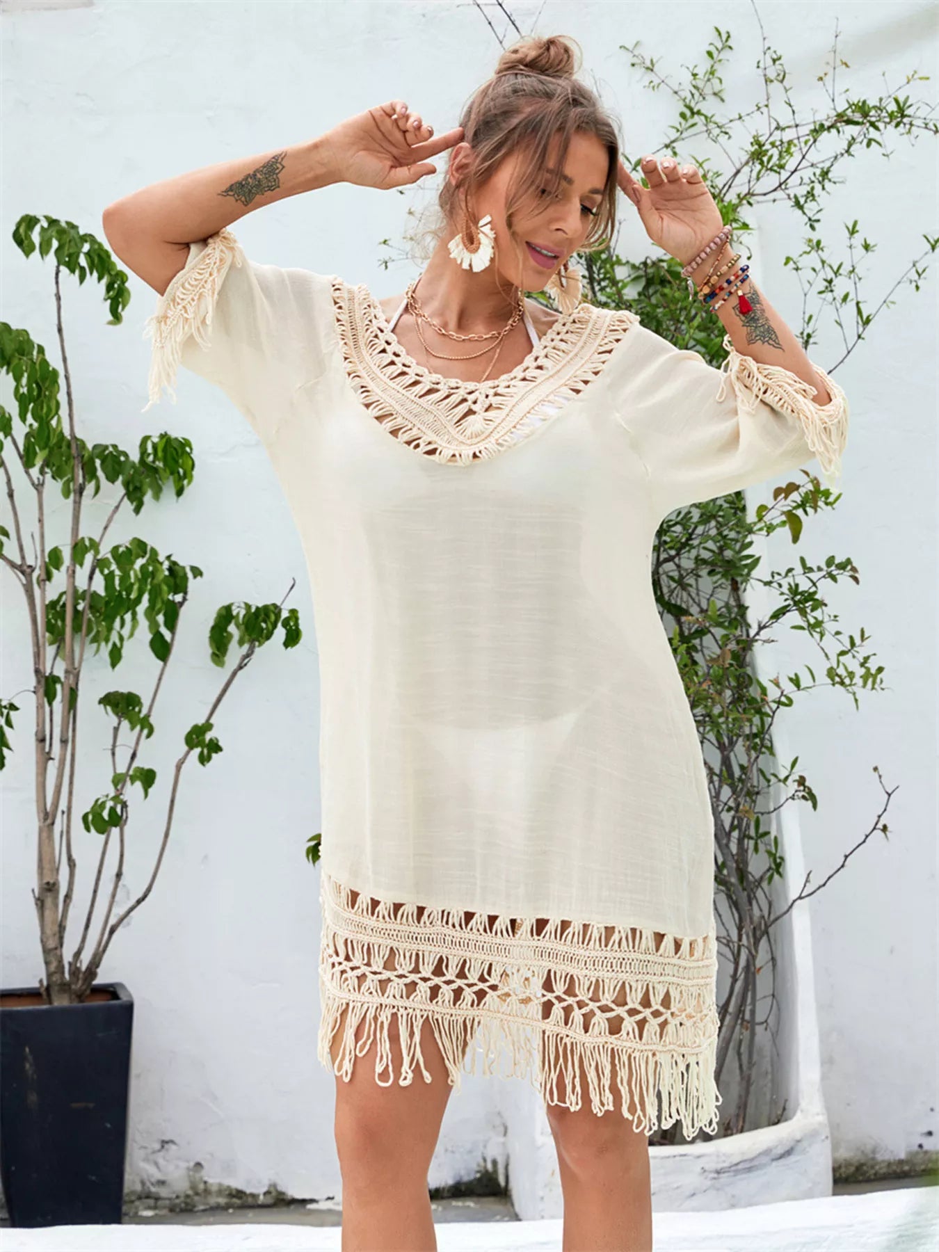 Fringe Crochet V-Neck Cover-Up Dress