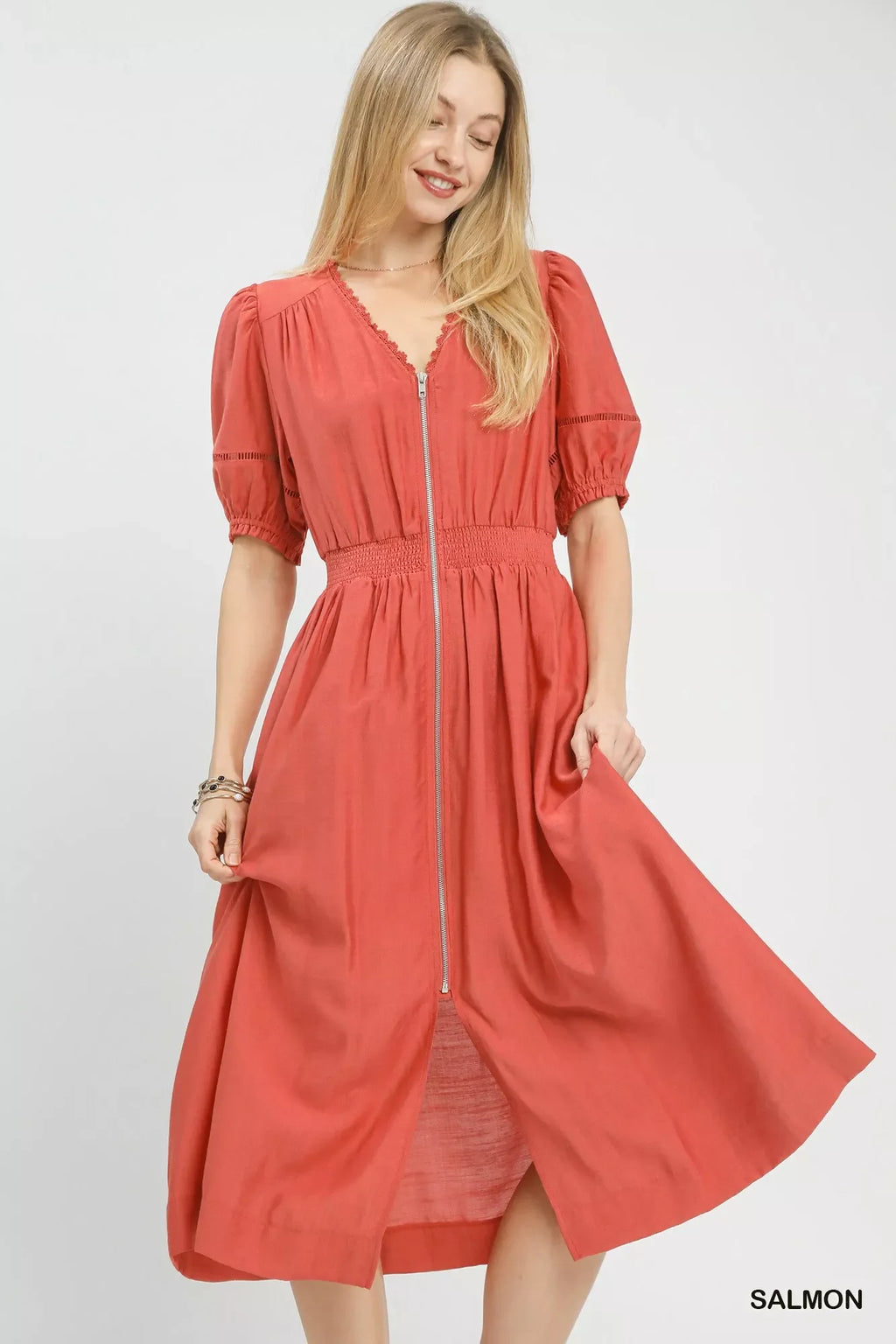 Umgee Zip-Front Smocked Waist Midi Dress