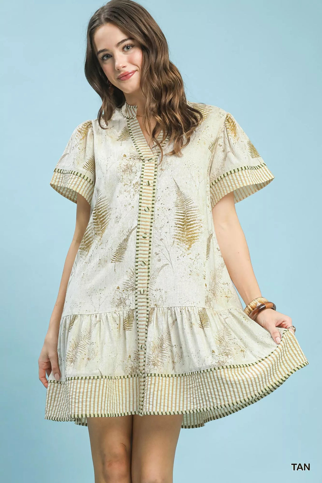 Umgee Linen Printed Button-Front Tiered Mini Dress