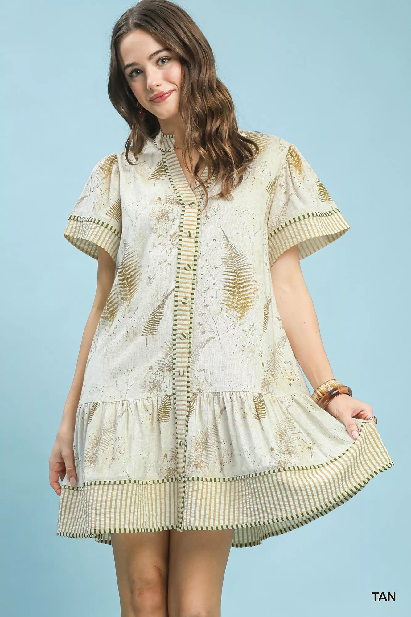 Umgee Linen Printed Button-Front Tiered Mini Dress