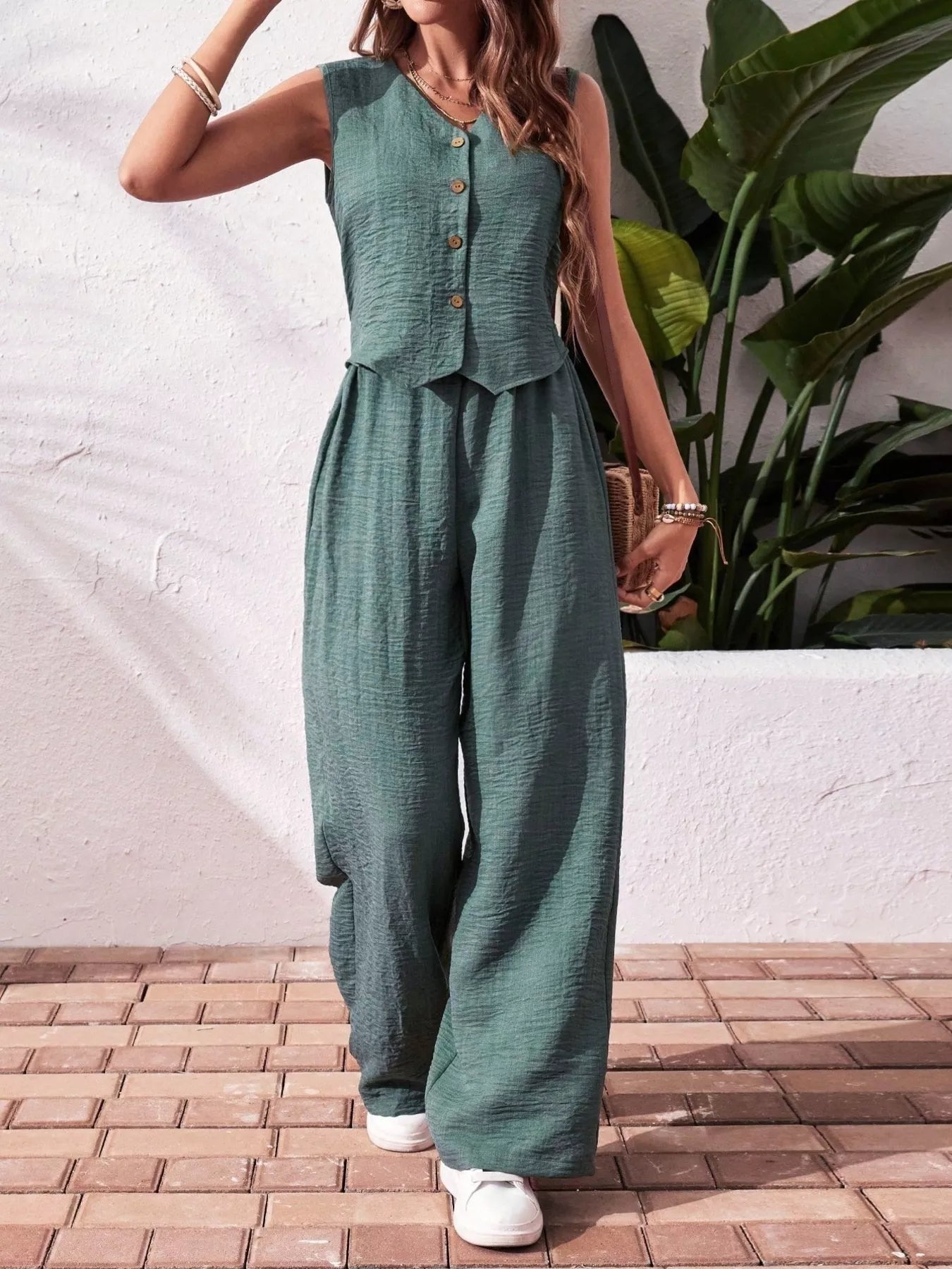 Button-Down Vest & Wide Leg Pants Set