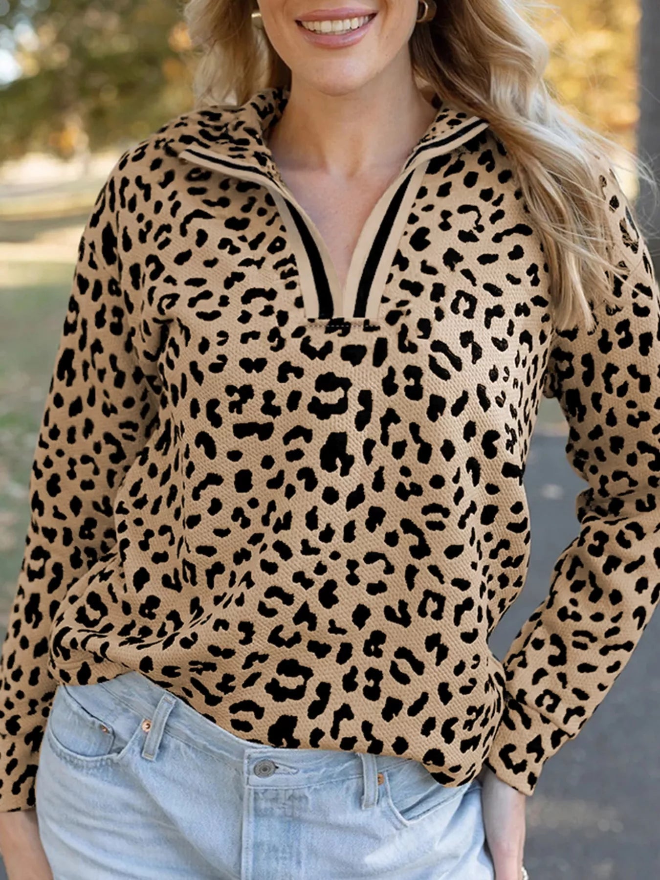 Leopard Polo Collar V Neck Pullover Top