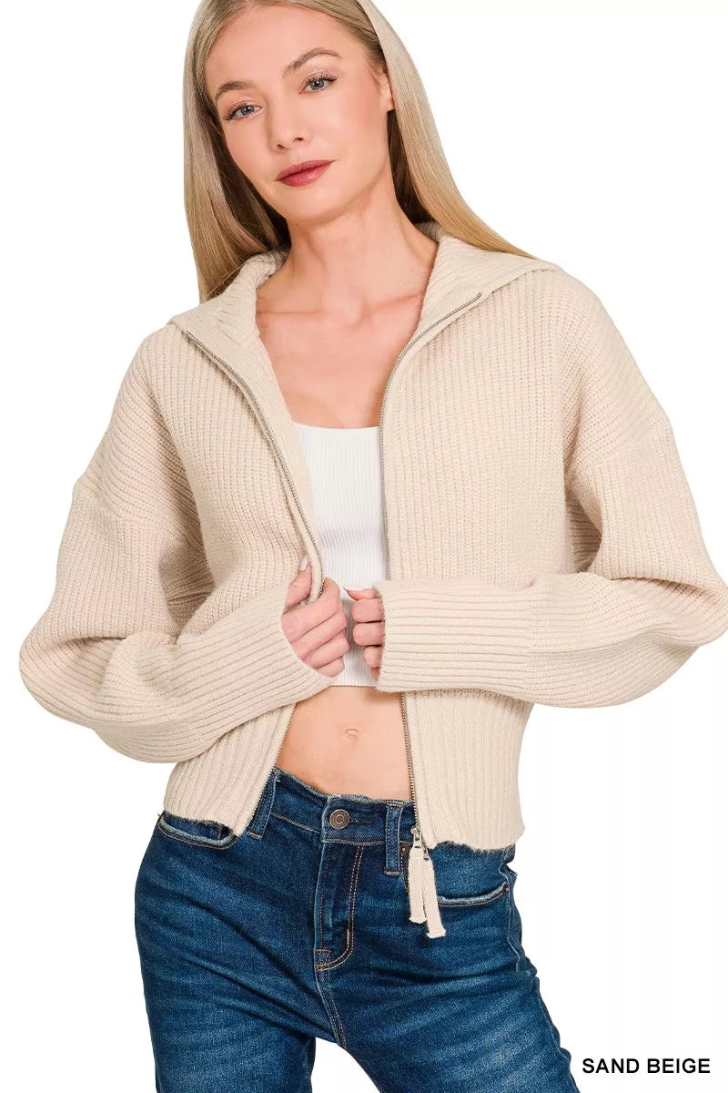 Zenana Ribbed Collared Zip Up Sweater Cardigan
