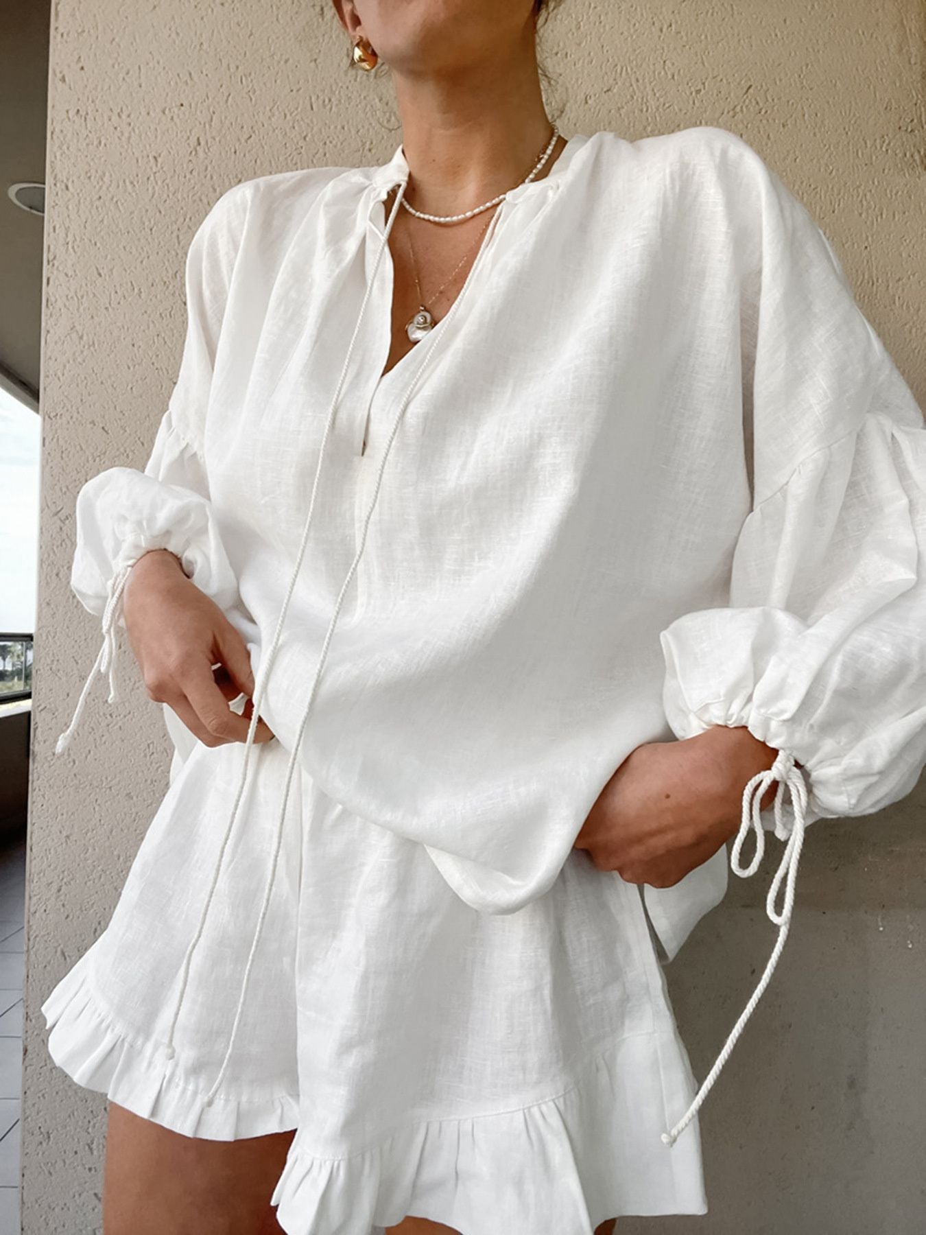 Tie Neck Balloon Sleeve Blouse and Shorts Set