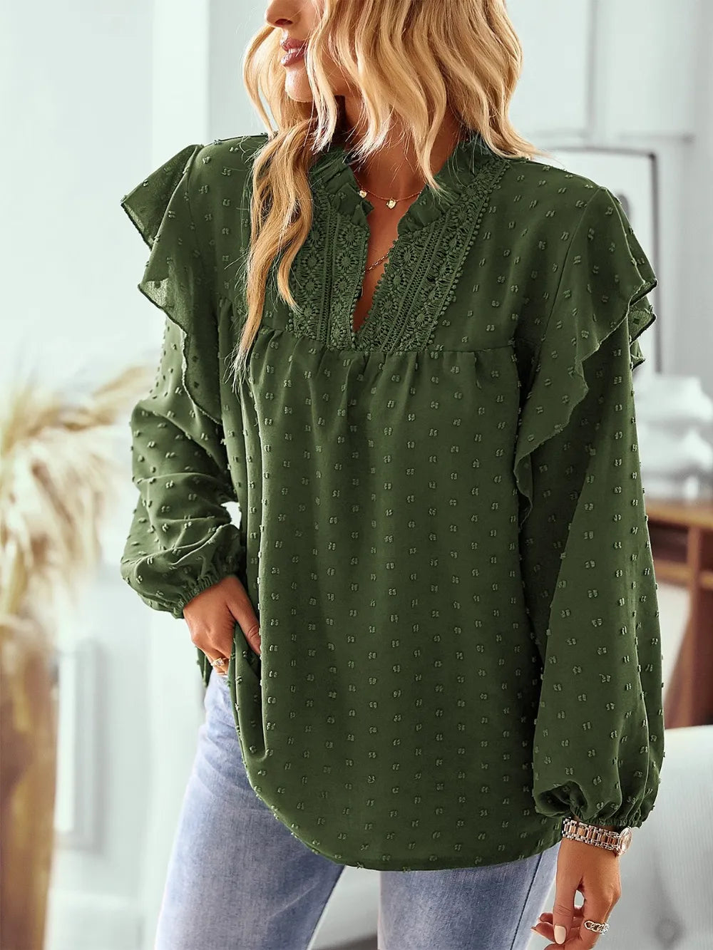 Swiss Dot Ruffled Long Sleeve Blouse