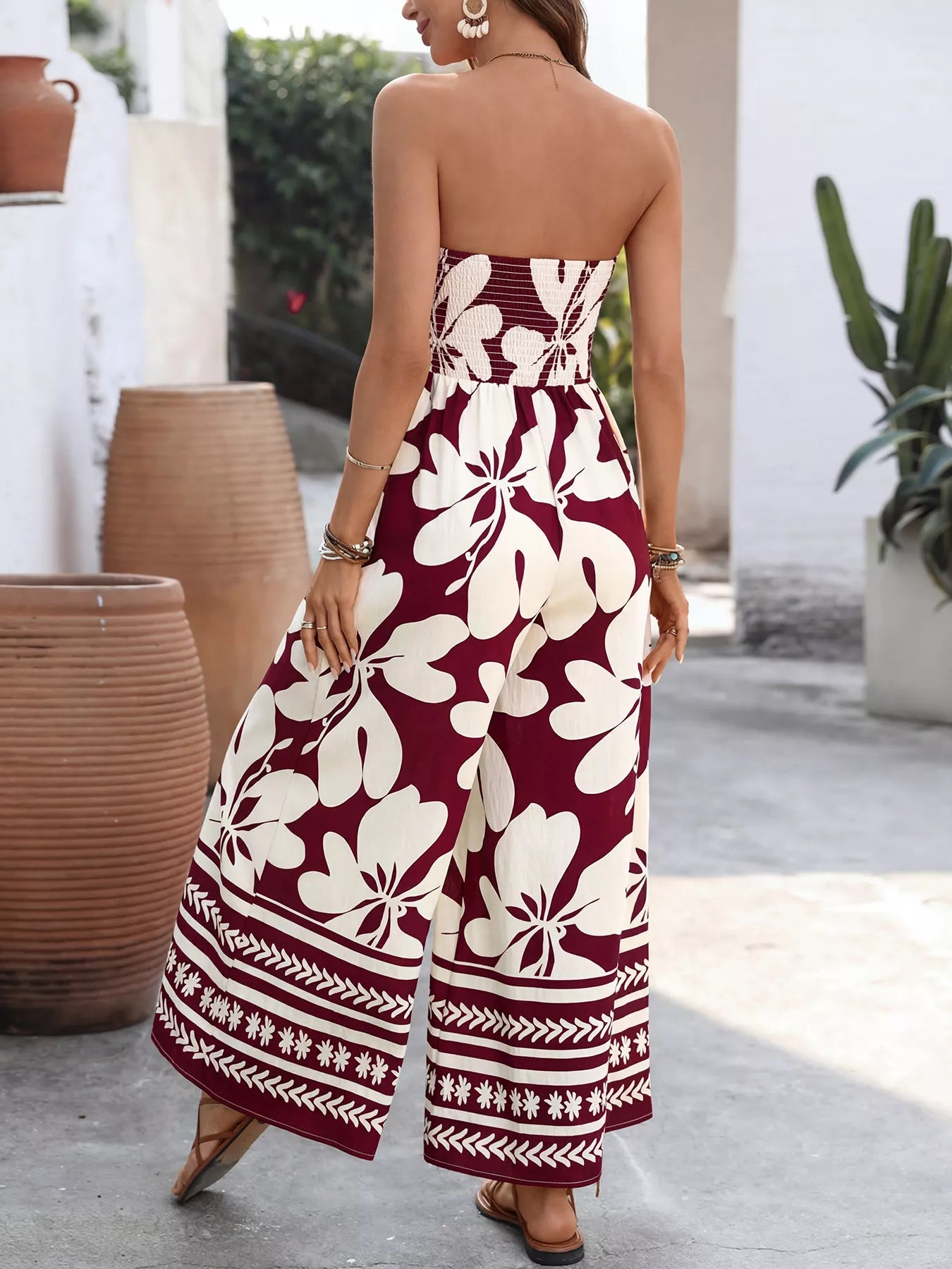 Floral Print Tie Front Strapless Wide Leg Jumpsuit