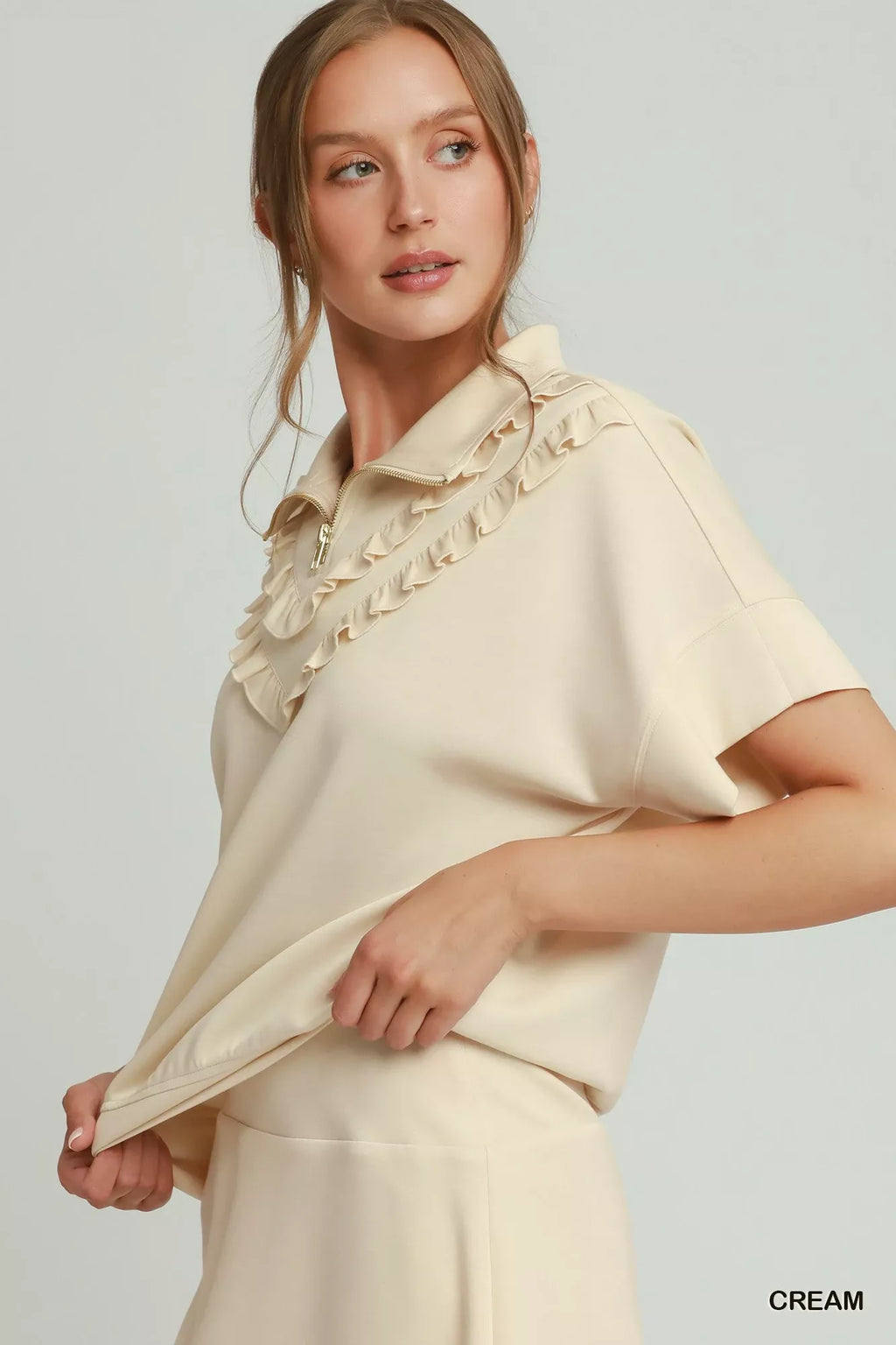 Umgee Ruffle Quarter Zip Short Sleeve Top