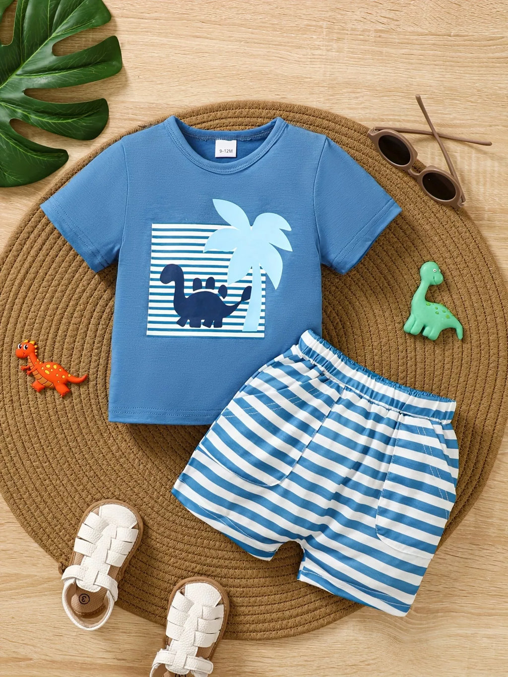 Children's Dinosaur Print Tee & Striped Shorts Set