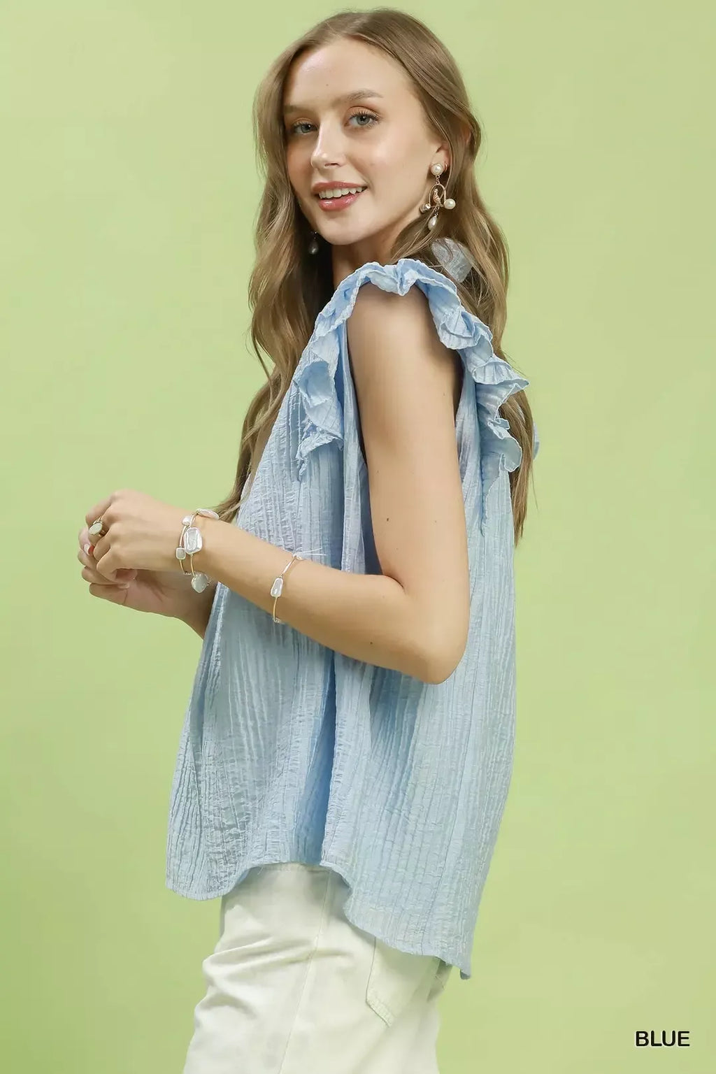 Umgee Textured Ruffle Sleeve Split V Neck Top