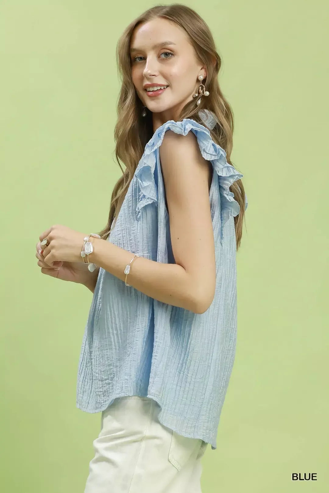 Umgee Textured Ruffle Sleeve Split V Neck Top