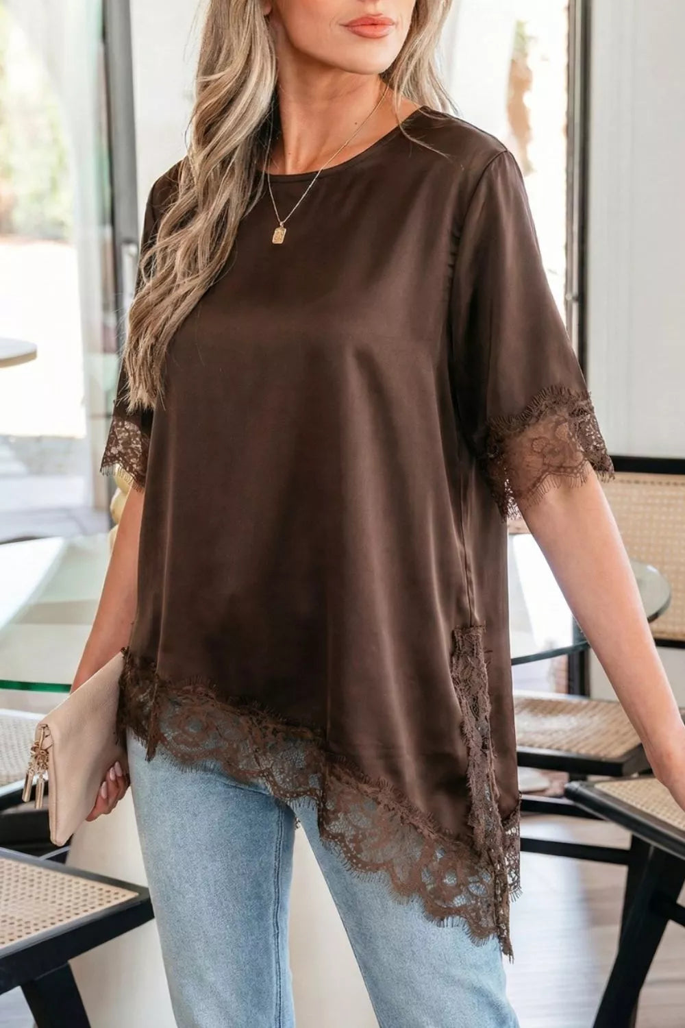 Asymmetric Lace Trim Short Sleeve Satin Top