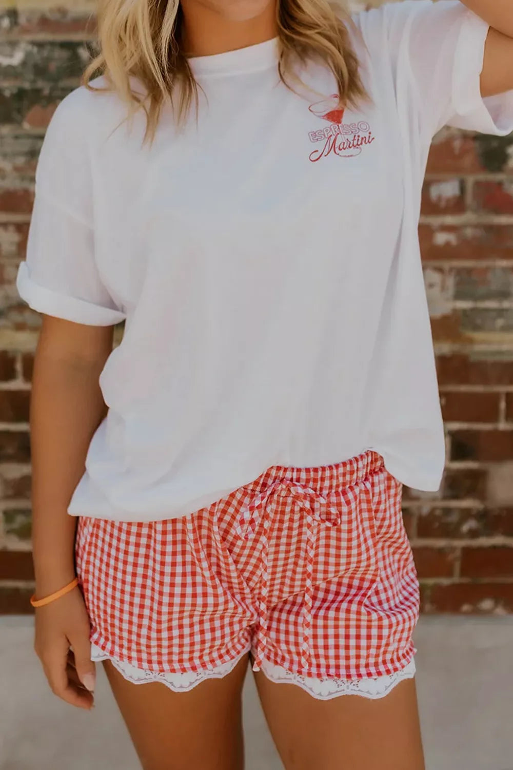 Gingham Plaid Tie Elastic Waist Lace Patchwork Hem Casual Shorts