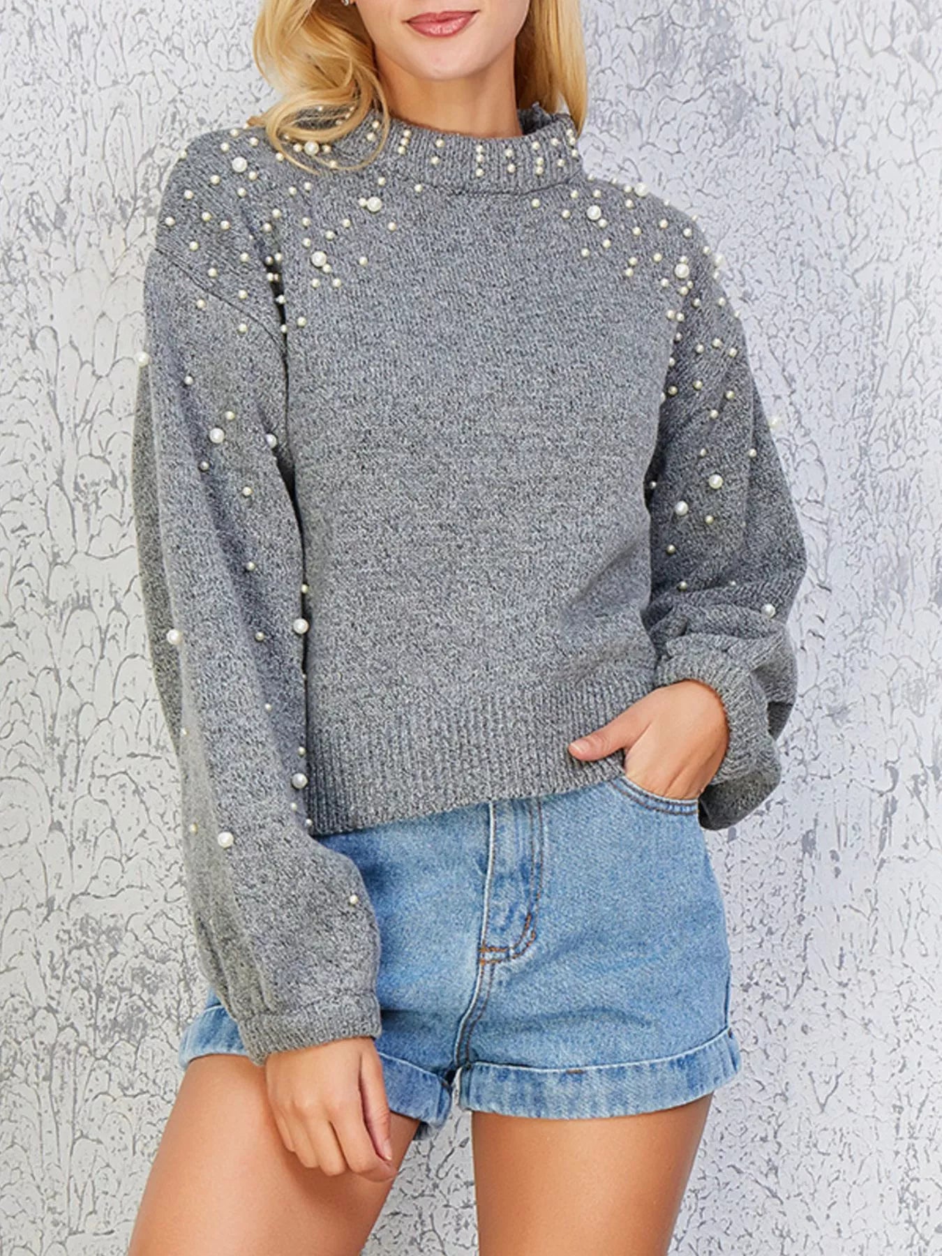 Pearl-Embellished Mock Neck Sweater