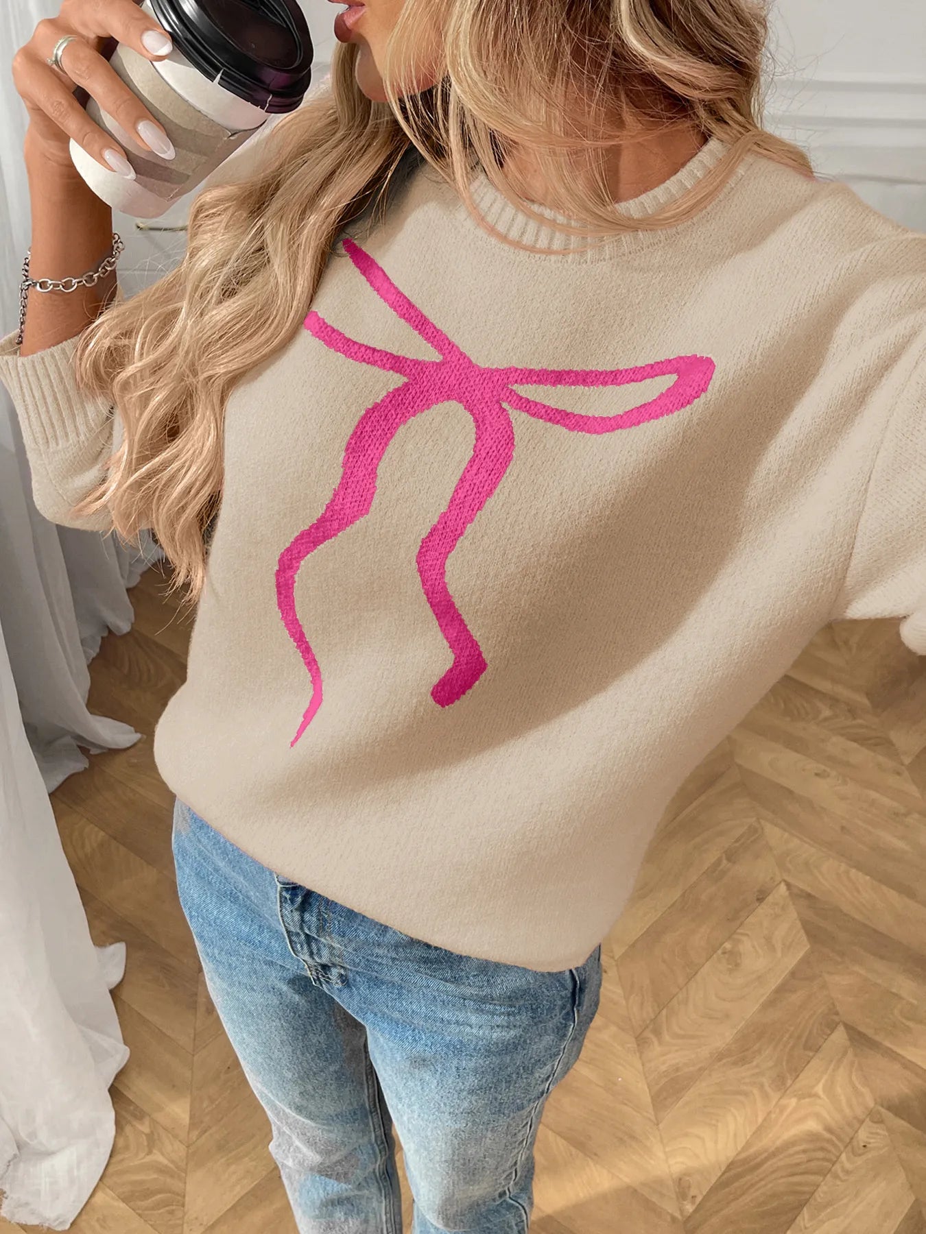 Bow Graphic Ribbed Hem Round Neck Sweater