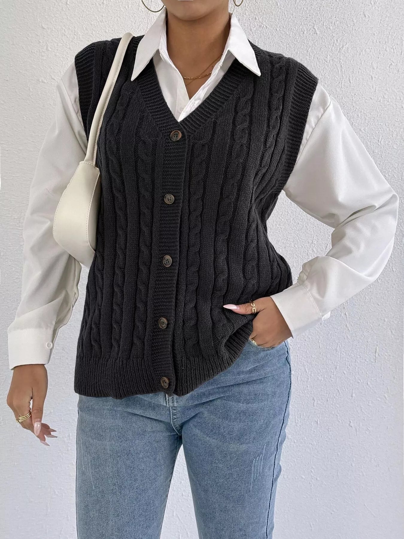 Cable-Knit Button-Up Sweater Vest