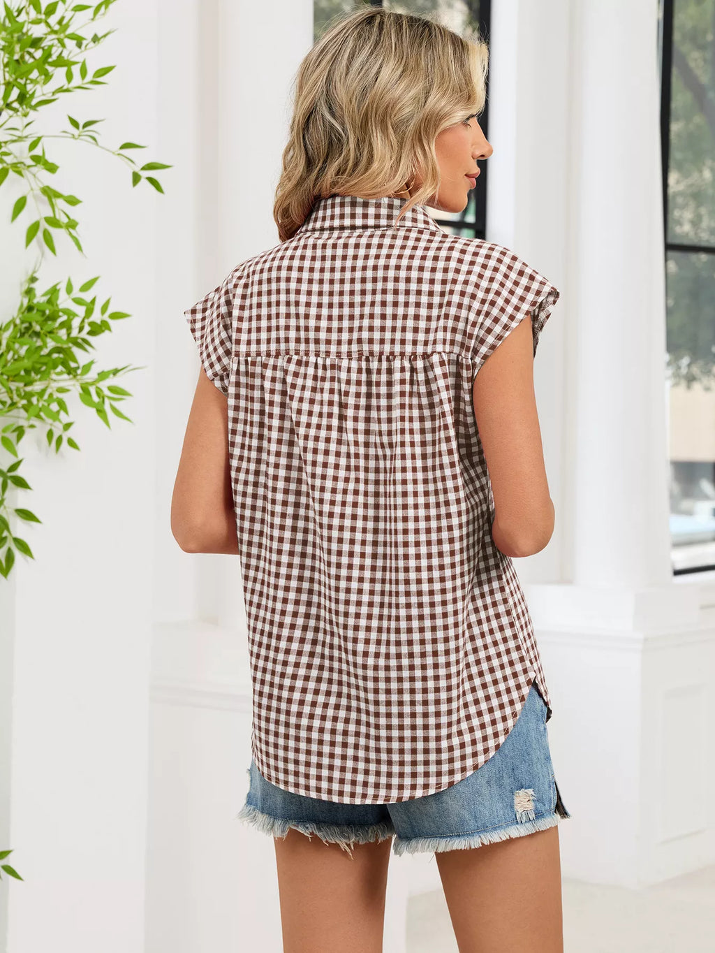 Plaid Button Up Cap Sleeve Shirt