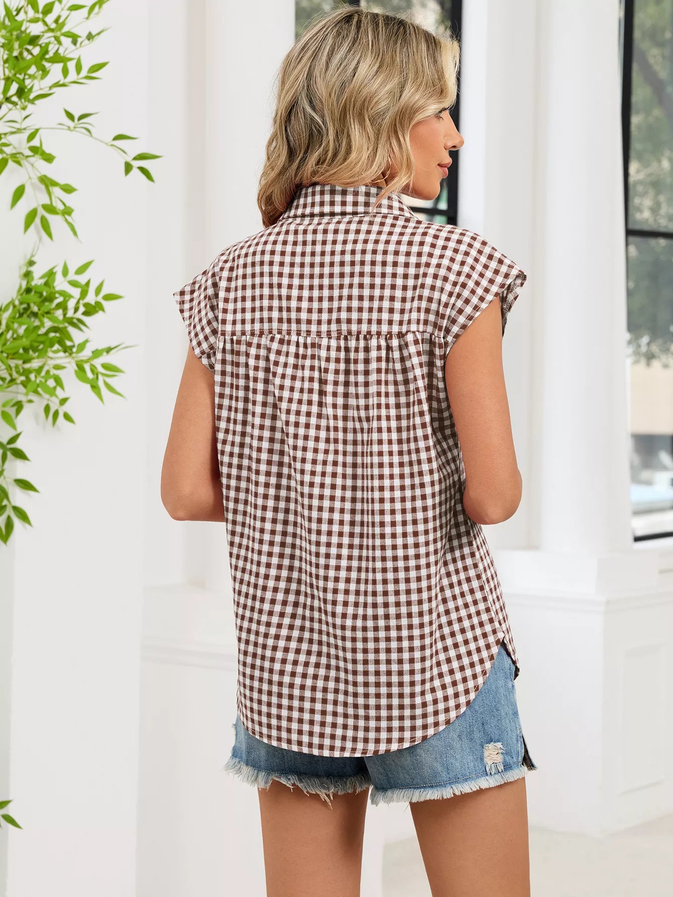 Plaid Button Up Cap Sleeve Shirt