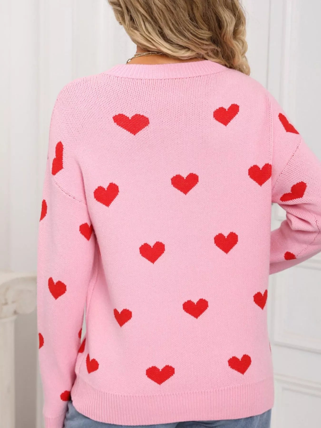 Valentine's Day Heart Pattern Dropped Shoulder Sweater