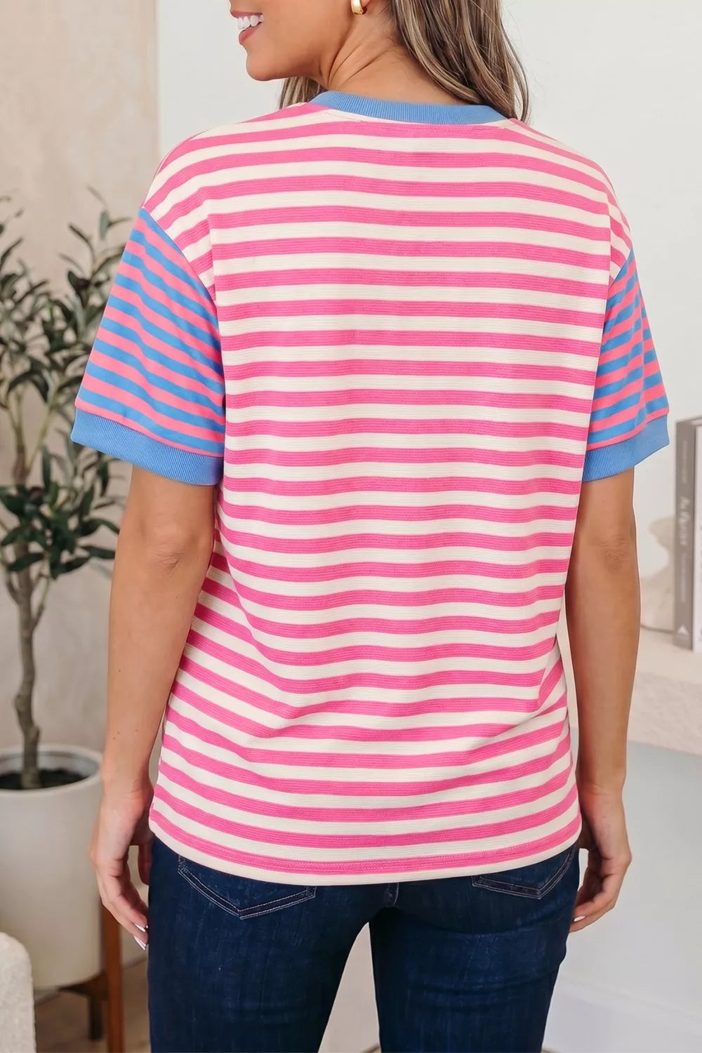 Stripe Contrast Patchwork Short Sleeve Loose Tee