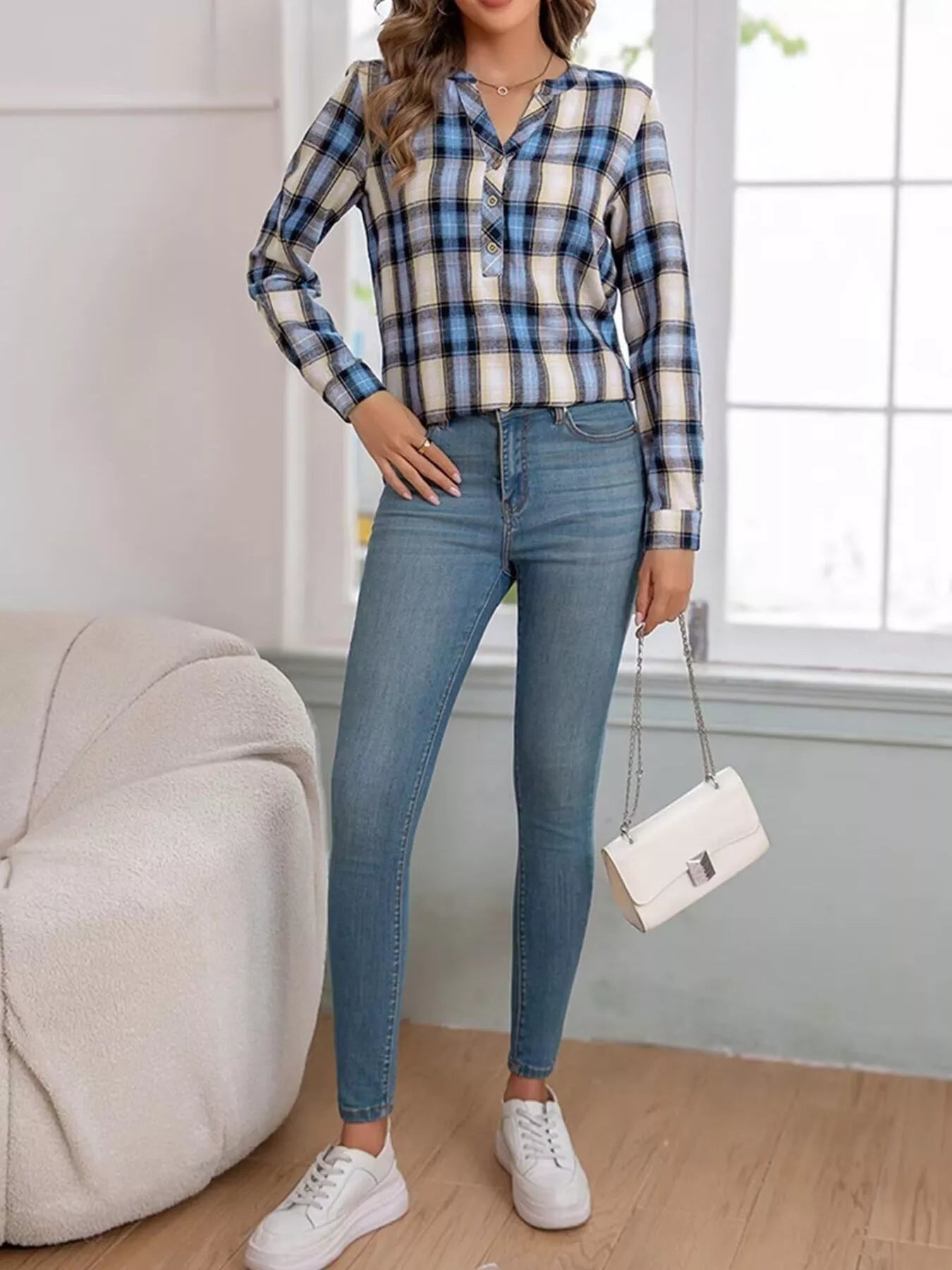Plaid Half Button Long Sleeve Blouse