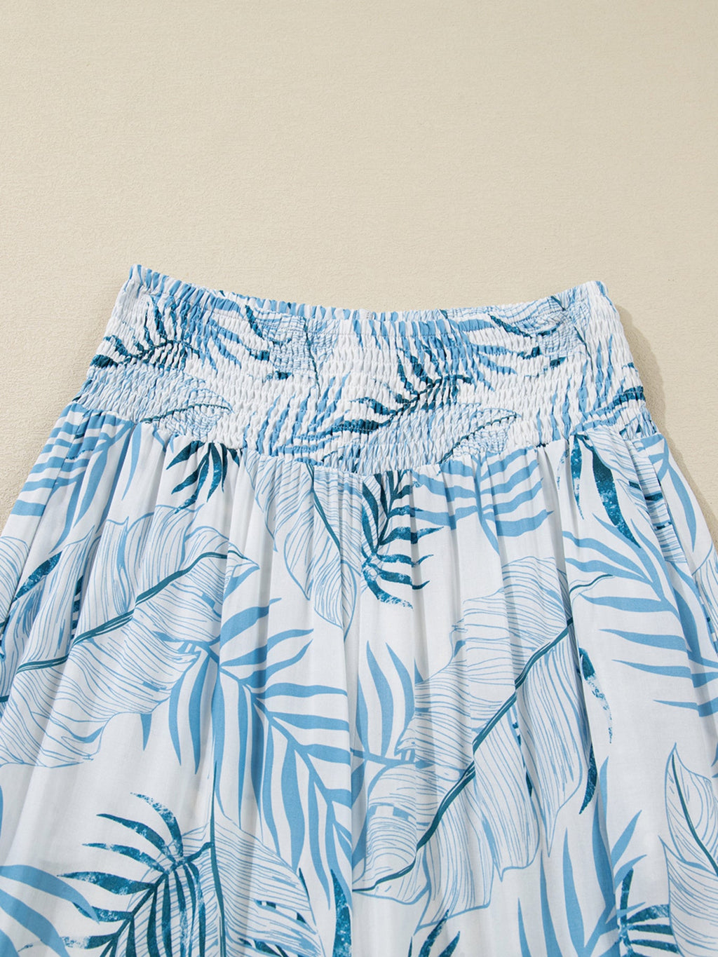Tropical Print Shirred Waistband Wide Leg Pants