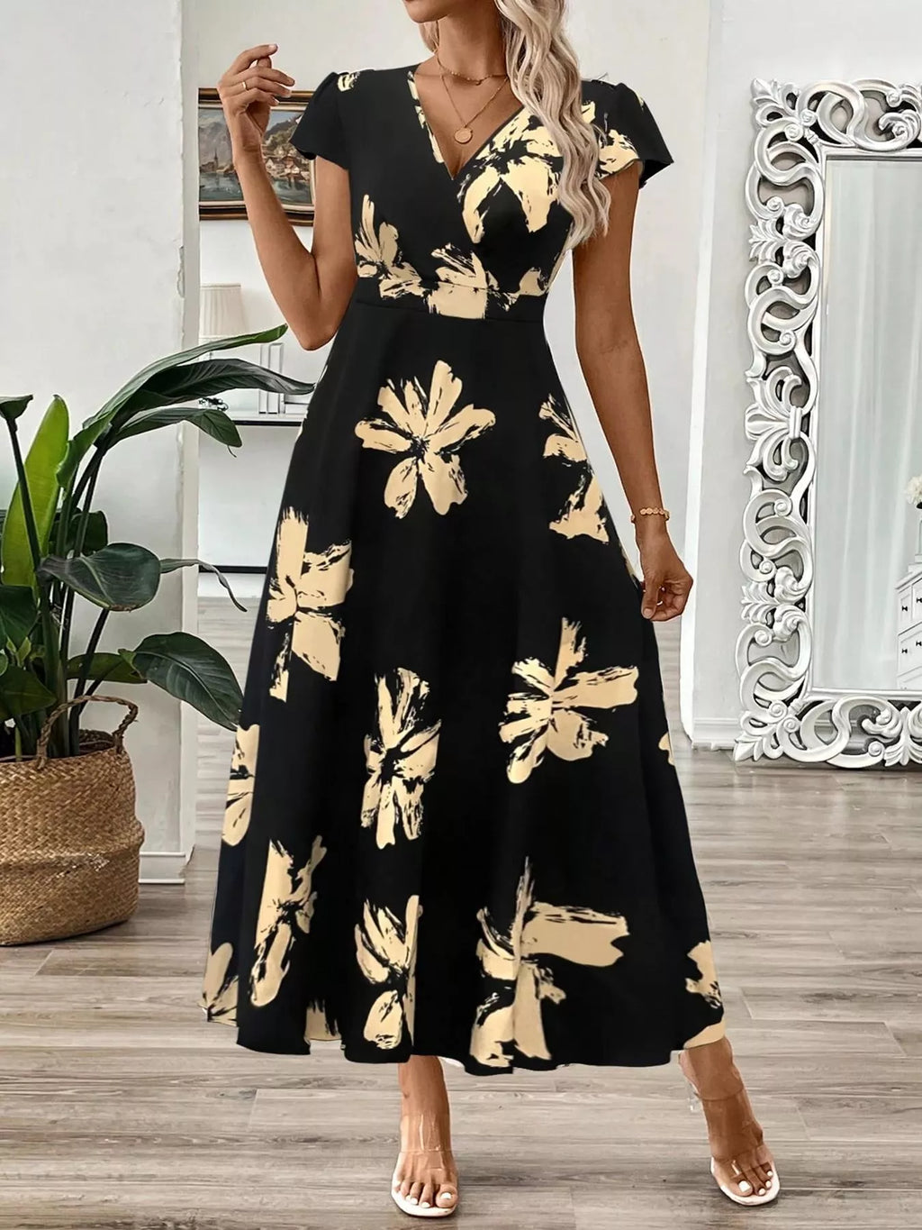 Surplice Cap Sleeve Midi Dress