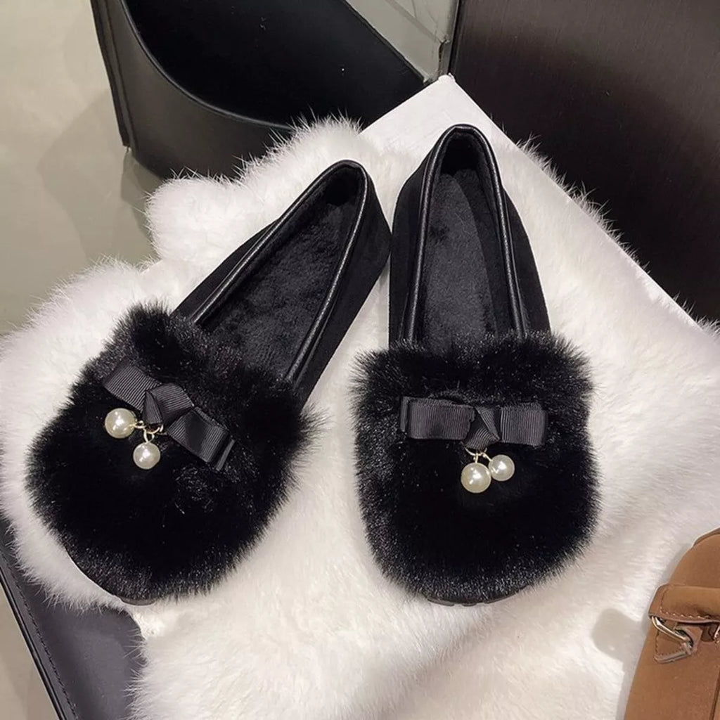 Fuzzy Pearl Bowknot Slip-Ons