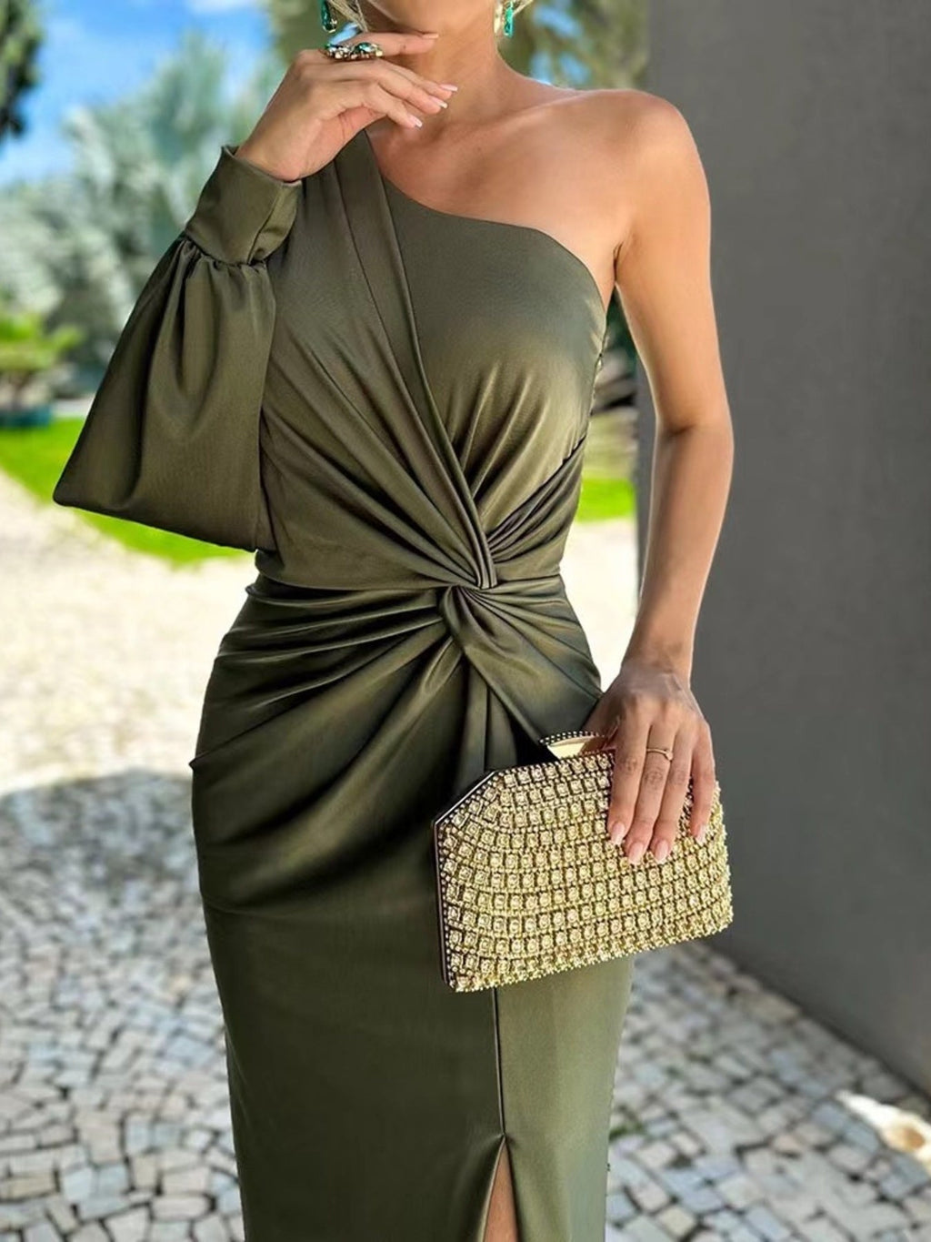 Full Size One-Shoulder Knot Detail Slit Maxi Dress Plus Size