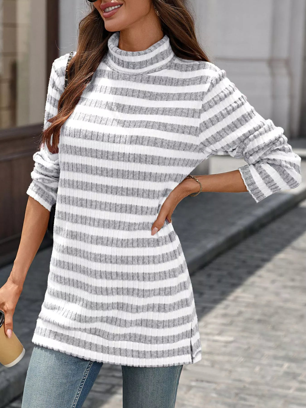 Striped Turtleneck Long Sleeve Knit Top