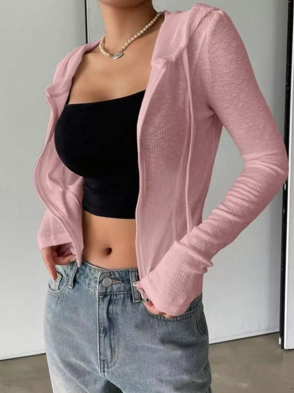 Ribbed Knit Cropped Zip-Up Outerwear