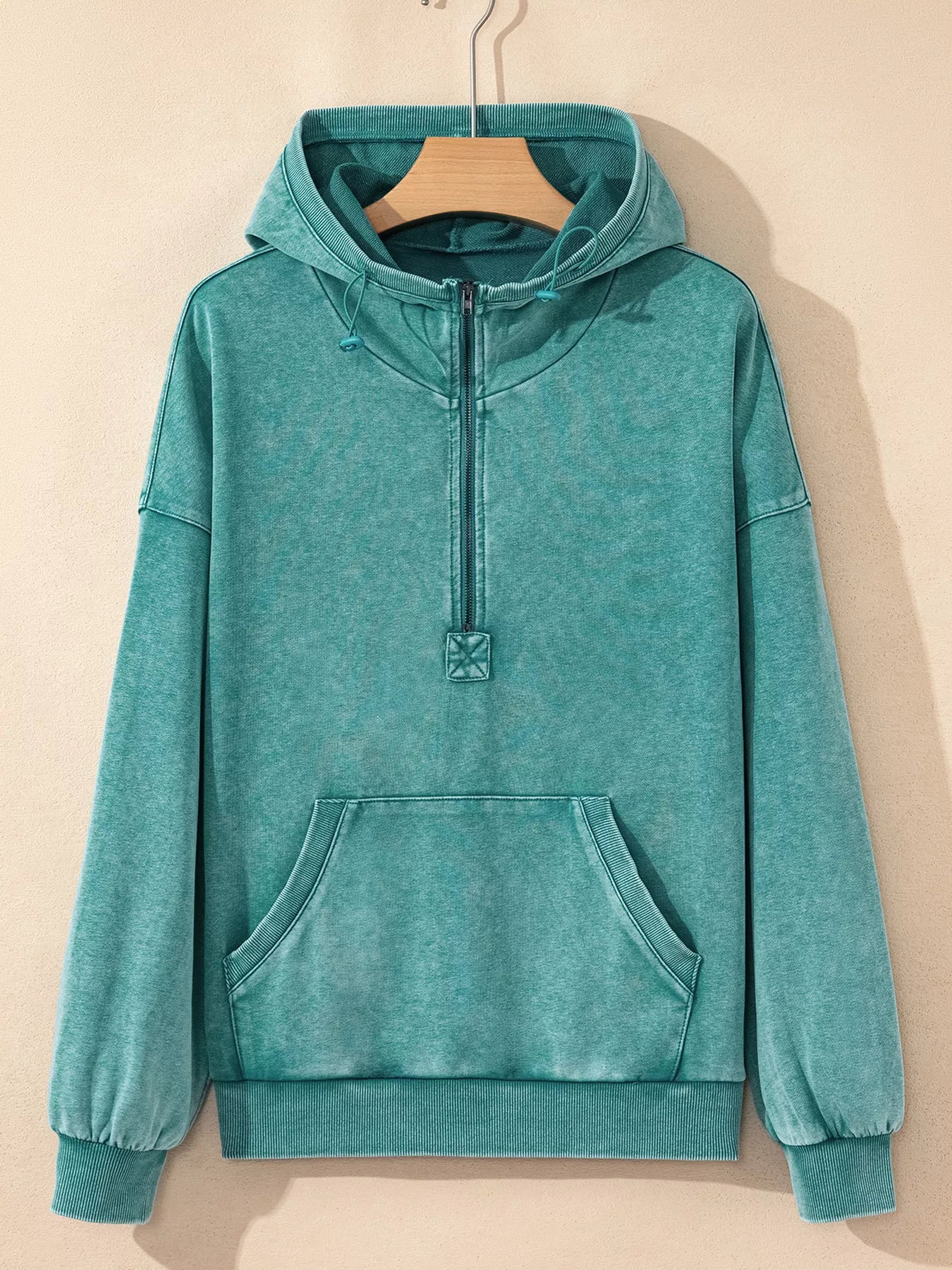 Half Zip Kangaroo Pocket Mineral Wash Baggy Hoodie