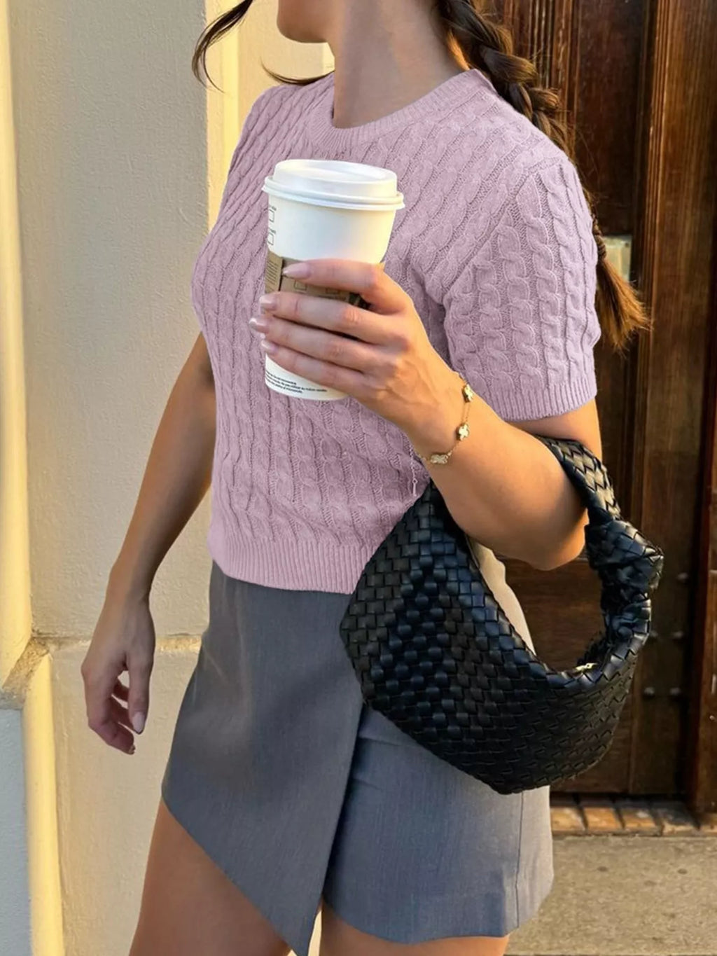 Cable-Knit Short Sleeve Sweater