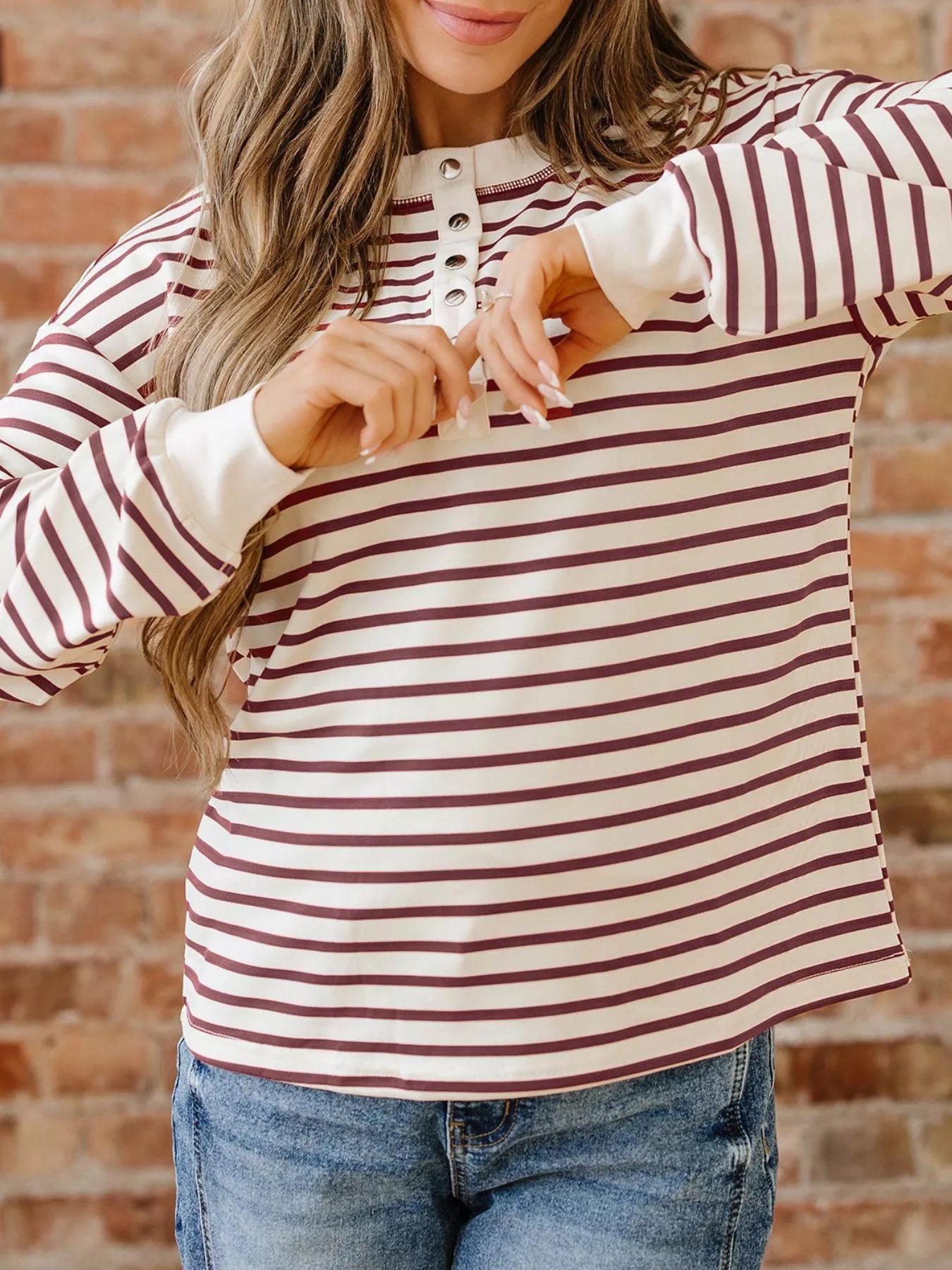 Striped Drop Shoulder Long Sleeve Henley Top