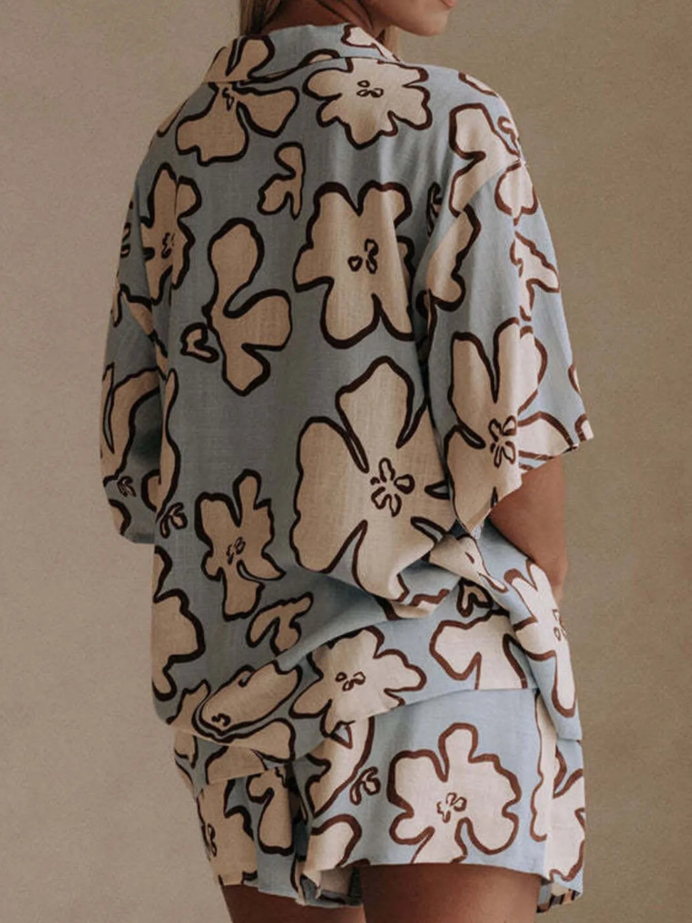 Printed Button Up Shirt and Shorts Set