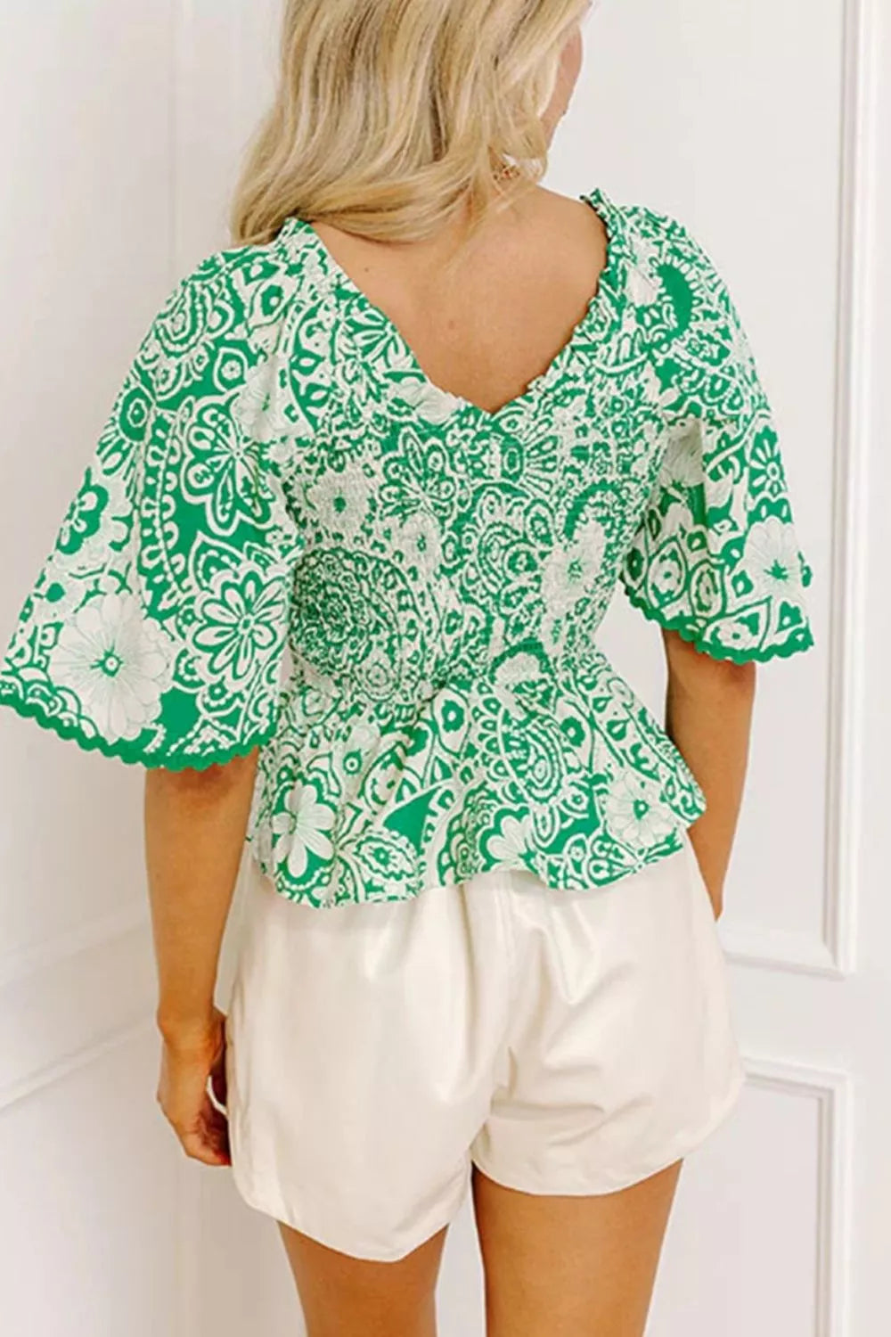 Flirty Floral Smocked V Neck Blouse