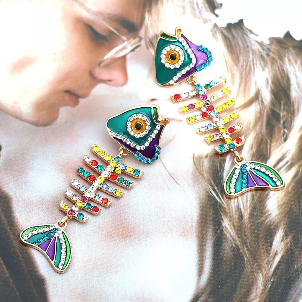 Rhinestone Colorful Fish Bone Statement Earrings