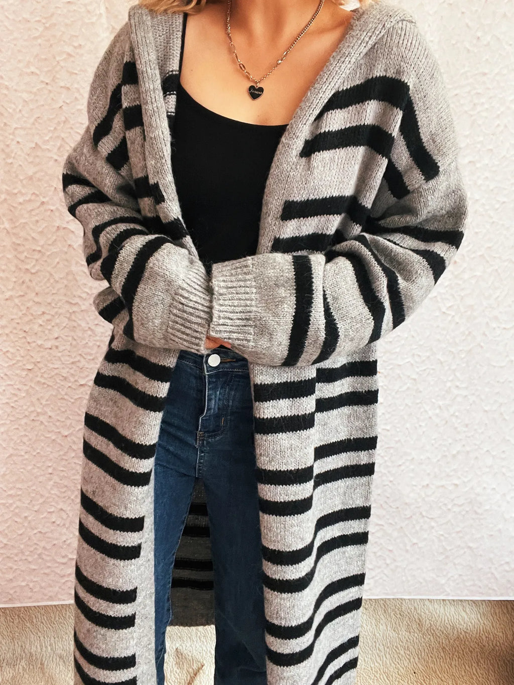 Striped Open Front Hooded Cardigan