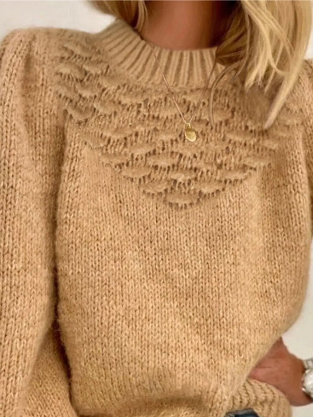 Textured Knit Round Neck Long Sleeve Sweater