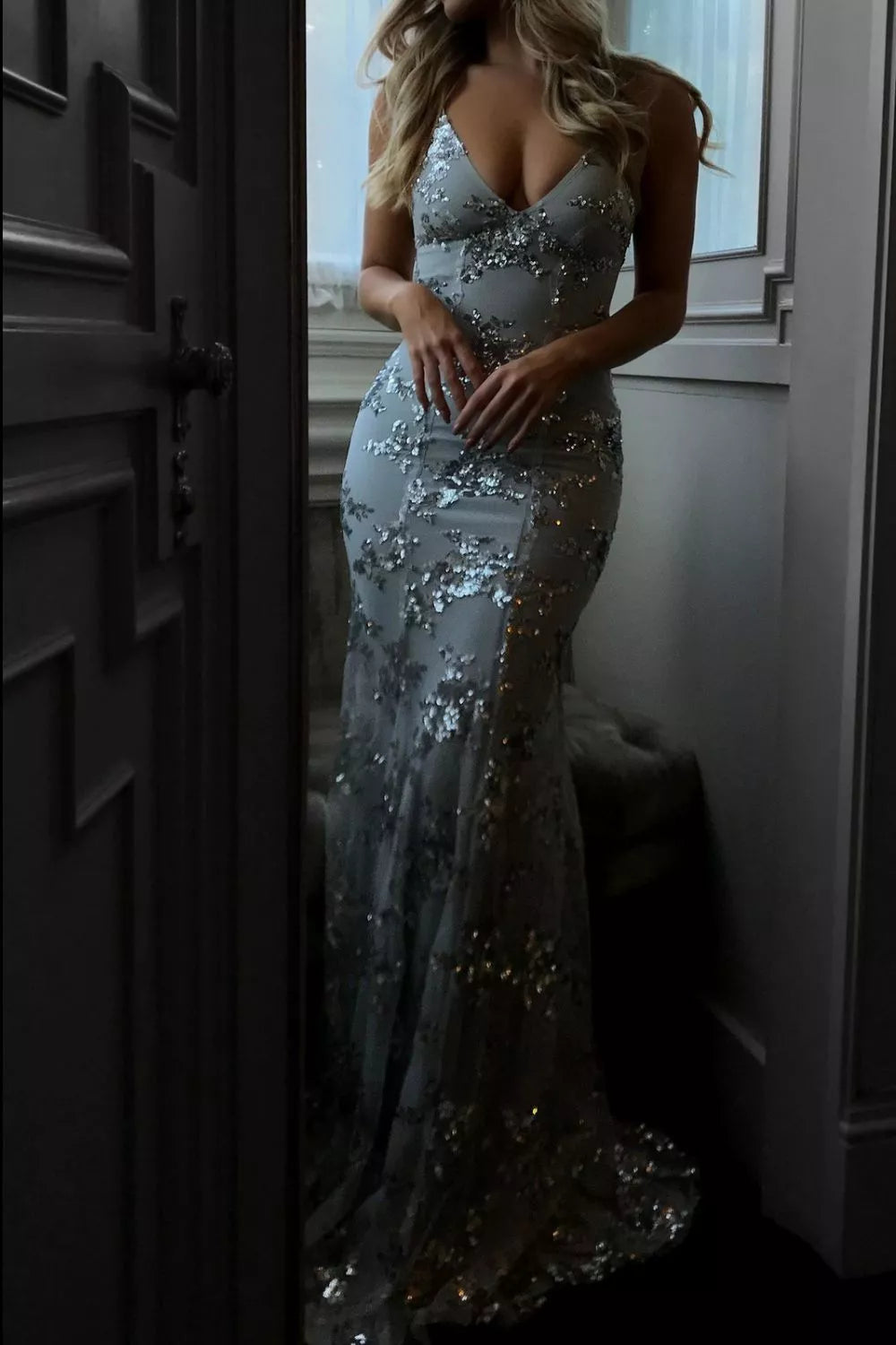 Full Size Sequin Tie Back V-Neck Maxi Dress Plus Size