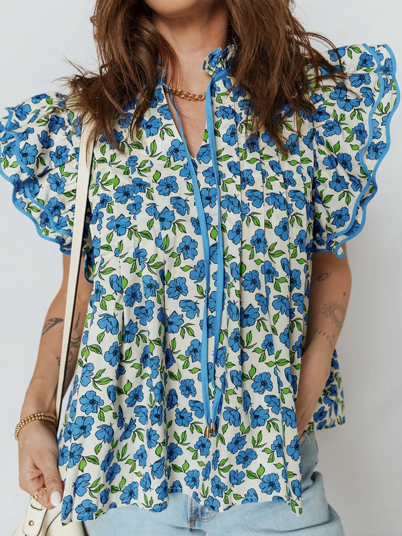 Floral Print Ruffle Sleeve Tie Neck Blouse
