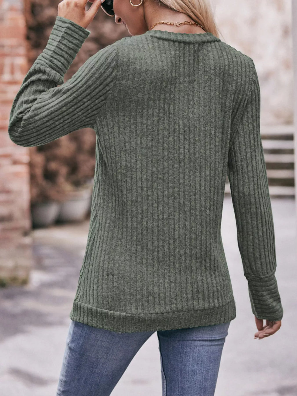 V-Neck Ribbed Knit Long Sleeve T-Shirt