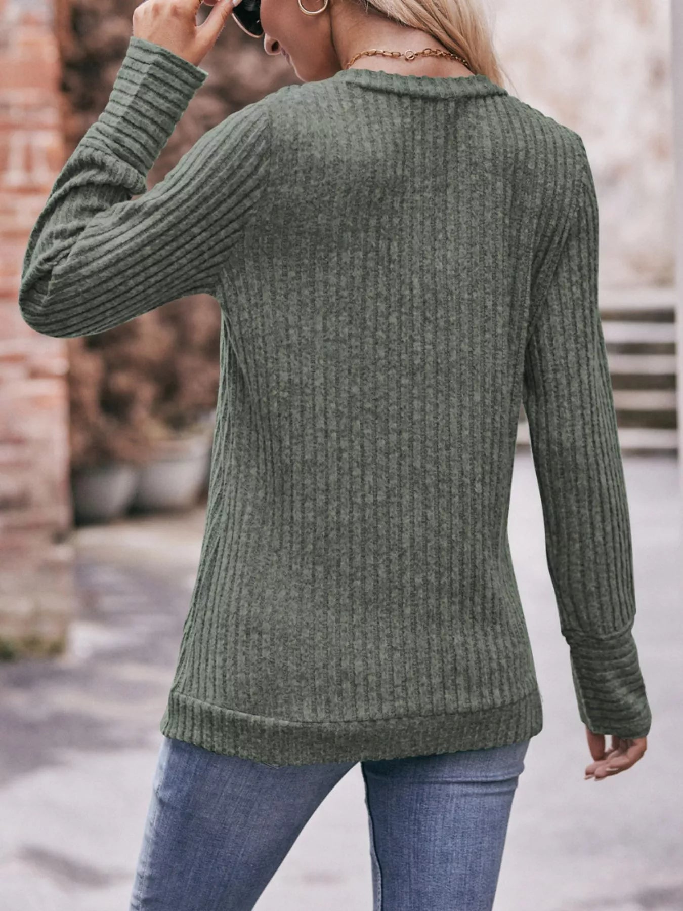V-Neck Ribbed Knit Long Sleeve T-Shirt