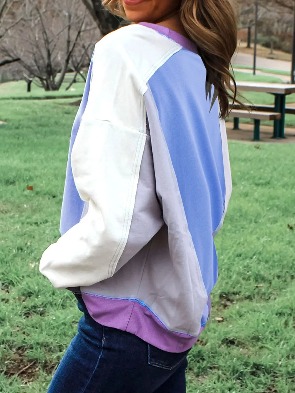 Exposed Seam Colorblock Patchwork Ribbed Trim Sweatshirt