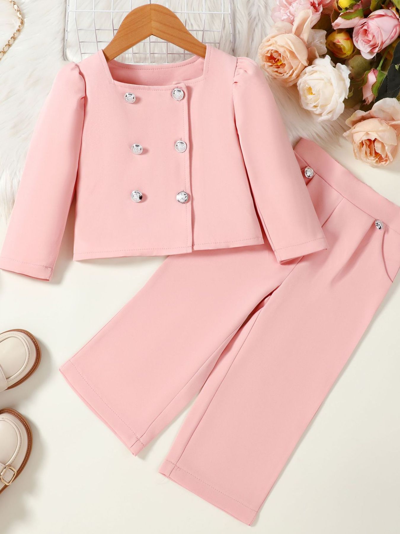 Children's Double-Breasted Blazer & Wide Leg Pants Set