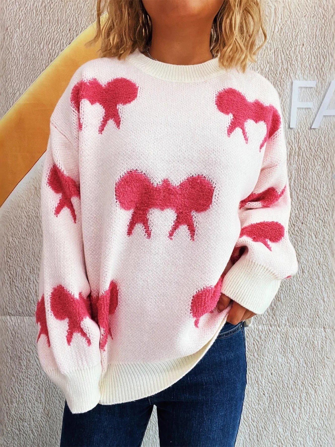Bow Pattern Round Neck Sweater