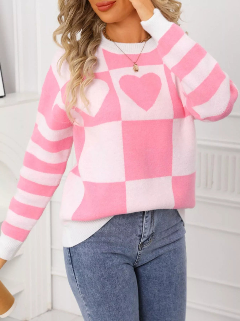 Heart Pattern Checkerboard Knit Sweater